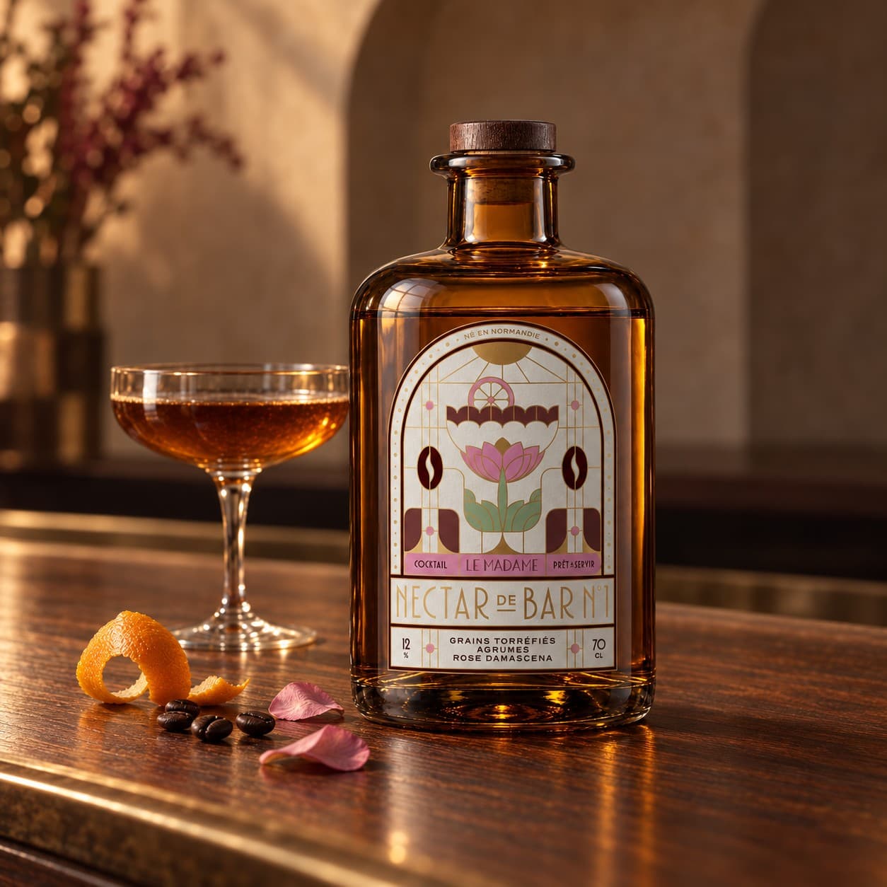 Bouteille Nectar de Bar N°1, étiquette Art déco
